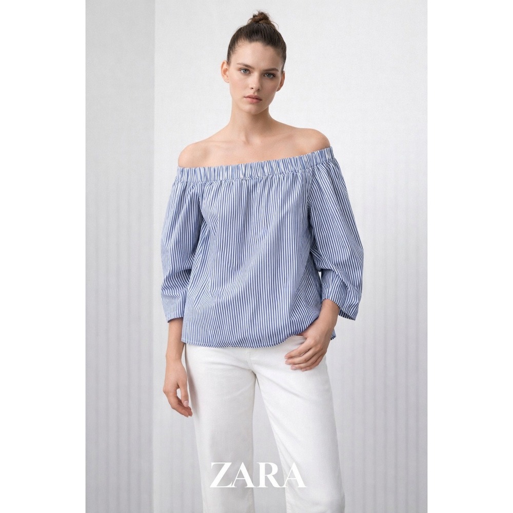 ZARA Woman Off Shoulder Striped Blue‎ White Blouse Top 3/4 Sleeve Elastic Neck